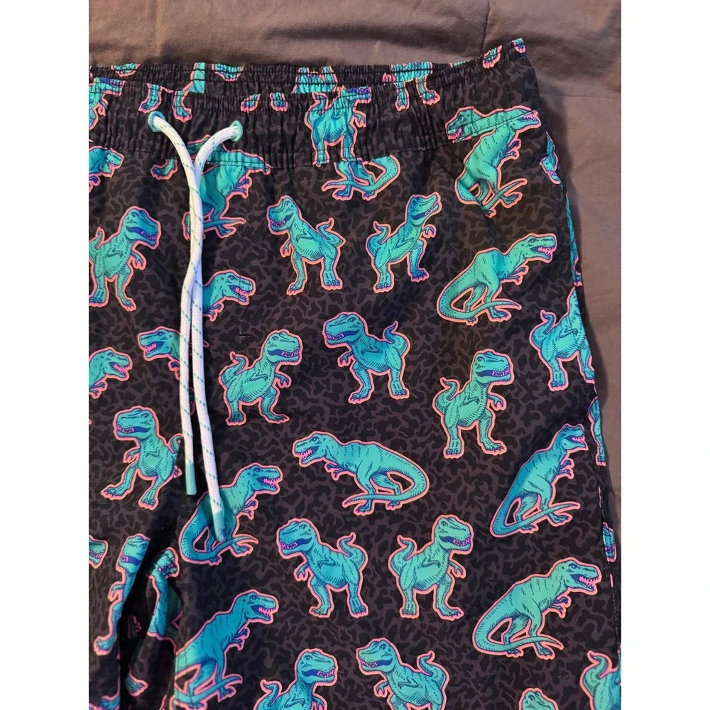 Member's Mark Mens Resort Swim Trunks Black Neon Dinosaur T-Rex Print Large